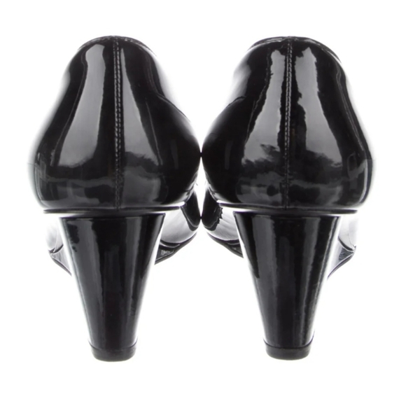 Prada Bow Logo Black Patent Leather Peep Toe Wedge Pumps Size 37 - Picture 3 of 7